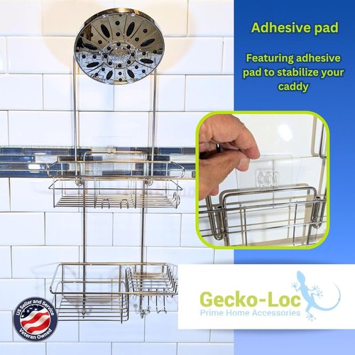 Gecko-Loc Shower Caddy - Extra-Long Adjustable Rustproof Stainless Steel Organizer with Suction Stabilizer & Hooks - Tool-Free Installation (Silver)