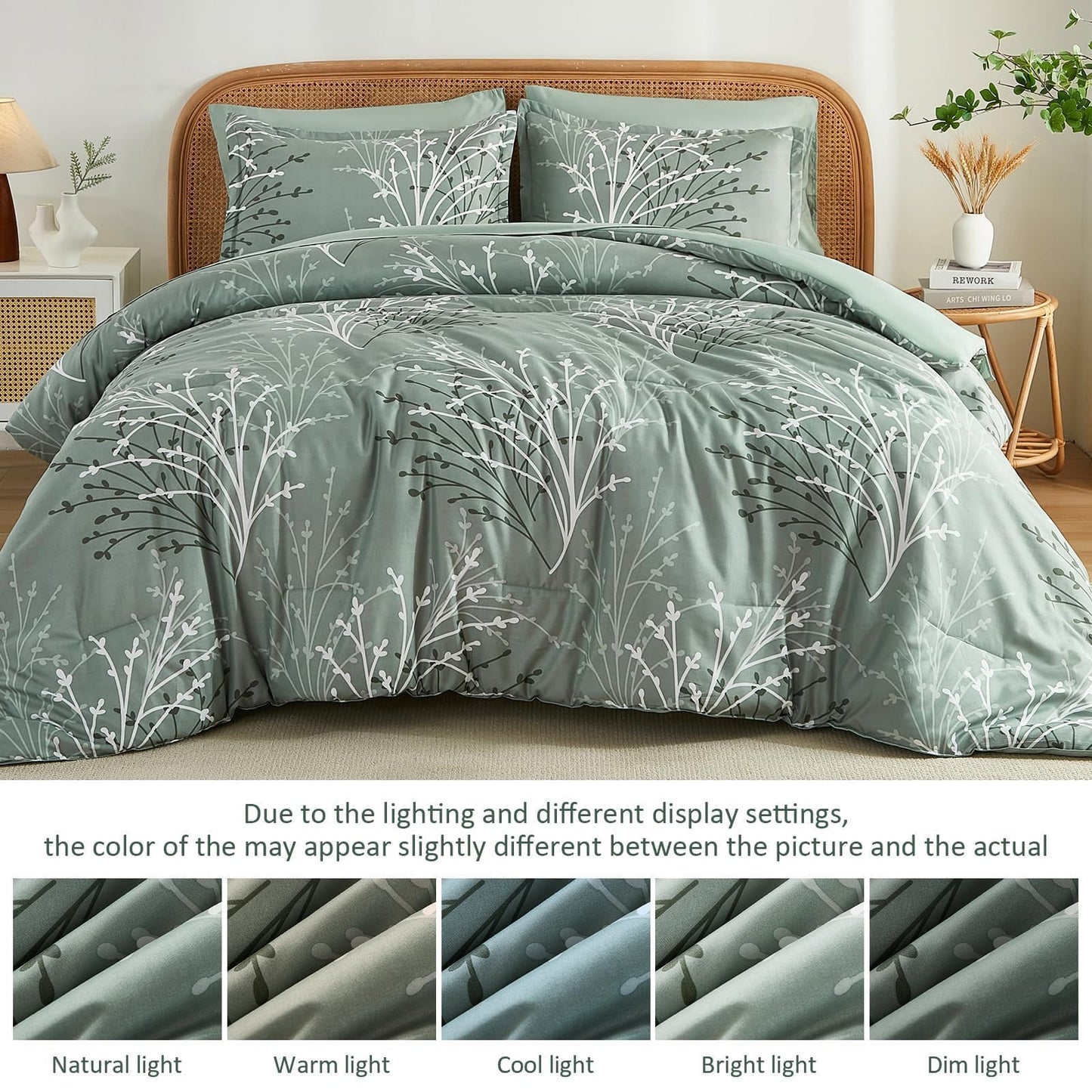 DJY Sage Green Comforter Set Queen Size Branch Botanical 7 Piece Bed in a Bag Green Floral Bedding Sets, Soft Microfiber Branches Leaves Pattern Reversible Comforter Set for All Season (90''x90'')