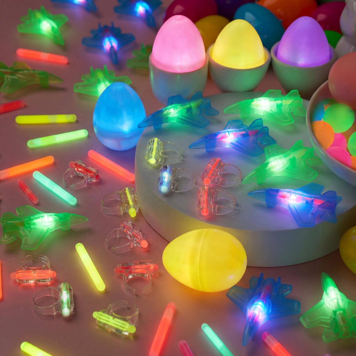 JOYIN 80 Pcs Easter Eggs with Glow Toys, 20 Mini Glow Sticks, 20 Rings, 20 Airplanes, 20 Balls, Glow-In-The-Dark Basket Stuffers for Kids, Filled Easter Egg Hunt, Class Prizes, Party Favors Supplies