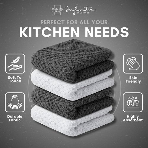 Infinitee Xclusives Premium Cotton Dish Cloths - Ultra Soft & Highly Absorbent | 12 x 12 Inches | Pack of 4 | Grey