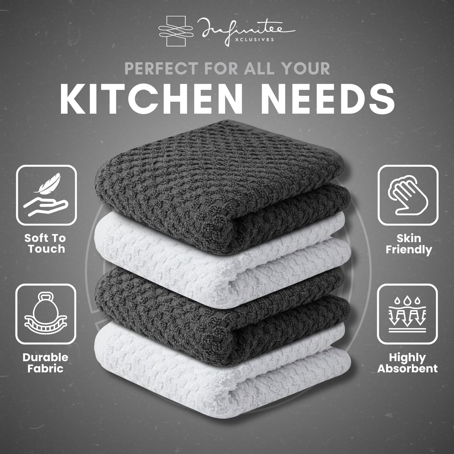 Infinitee Xclusives Premium Dish Cloth 100% Cotton 12 x 12 Inches |Pack of 4| - Ultra Soft Tea Towels - Highly Absorbent Kitchen Rags - Terry Dishcloth for Kitchen and Household Cleaning |Grey|