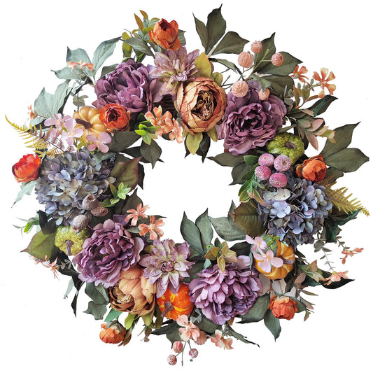 WANNA-CUL 24 Inch Spring Wreaths for Front Door with Blue Hydrangea, Valentines Day Wreath with Purple Orange Peony and Pumpkins-Fall Decoration for Home-Large Fall Decor Door Wreath for Autumn