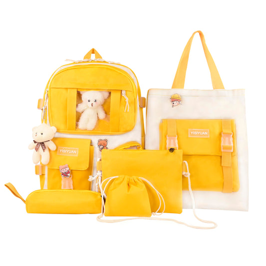 Lifelix Kawaii Backpack for Girls 5 Pcs School Bookbag Cuet Kids Schoolbag with Accessories Crossbody Bags Pencil Case Handbag Coin Purse (Yellow)