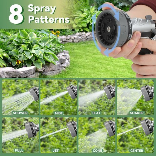 **Heavy Duty Metal Garden Hose Nozzle - 8 Adjustable Spray Patterns | High Pressure Hand Sprayer**