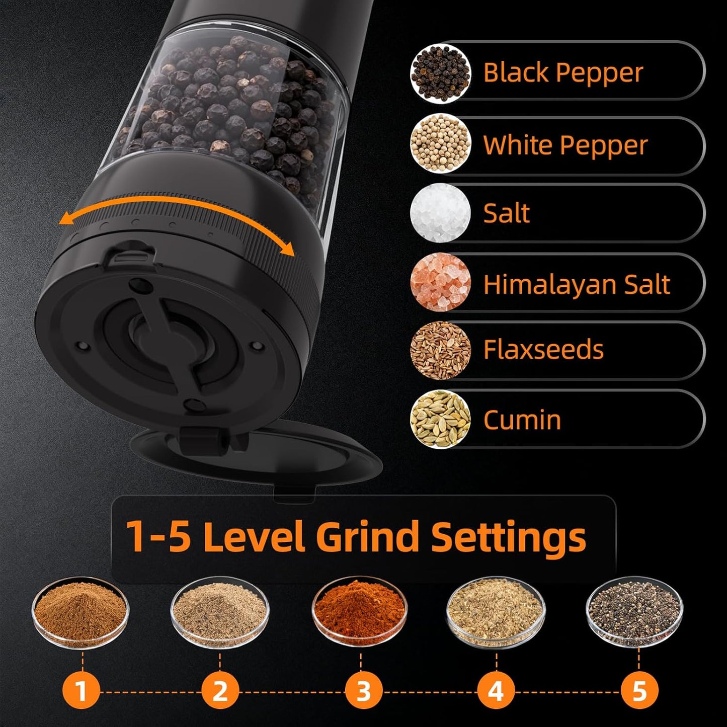 Skiennix Electric Salt and Pepper Grinder Set - Rechargeable Automatic Mill with LED Display & Adjustable Coarseness | 2-Pack, Black