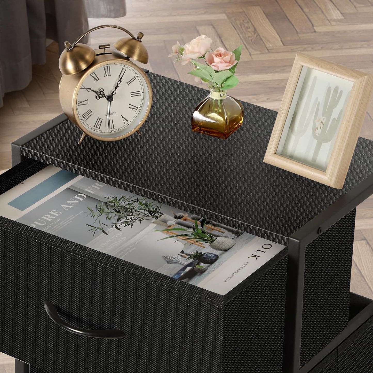 MOOACE 5-Drawer Dresser | Tall Fabric Storage Unit with Wooden Top | Black Metal Frame for Bedroom & Hallway