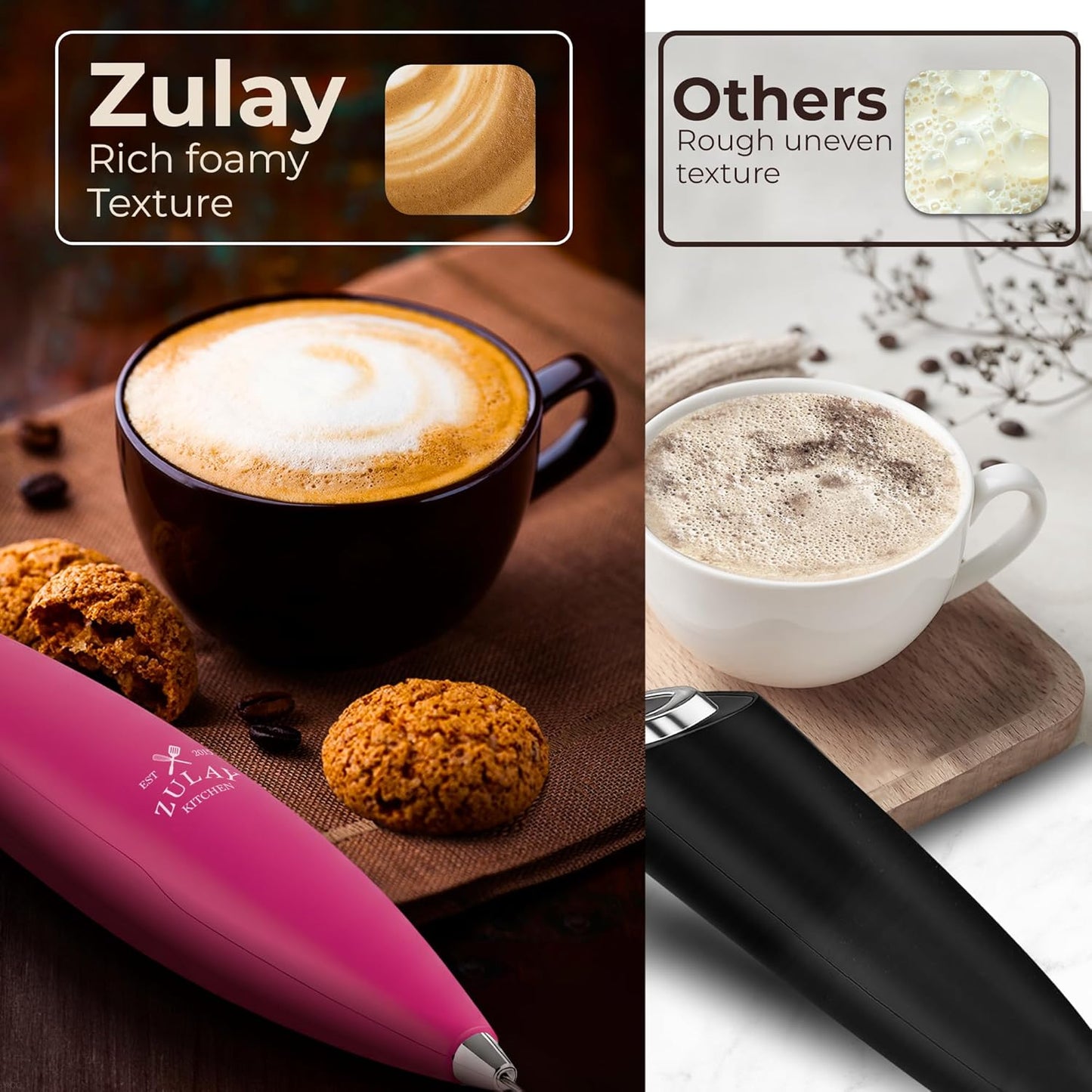 Zulay Kitchen Tornado Triple Whisk Milk Frother - Handheld Foam Maker for Coffee & Lattes - Pink & Gold