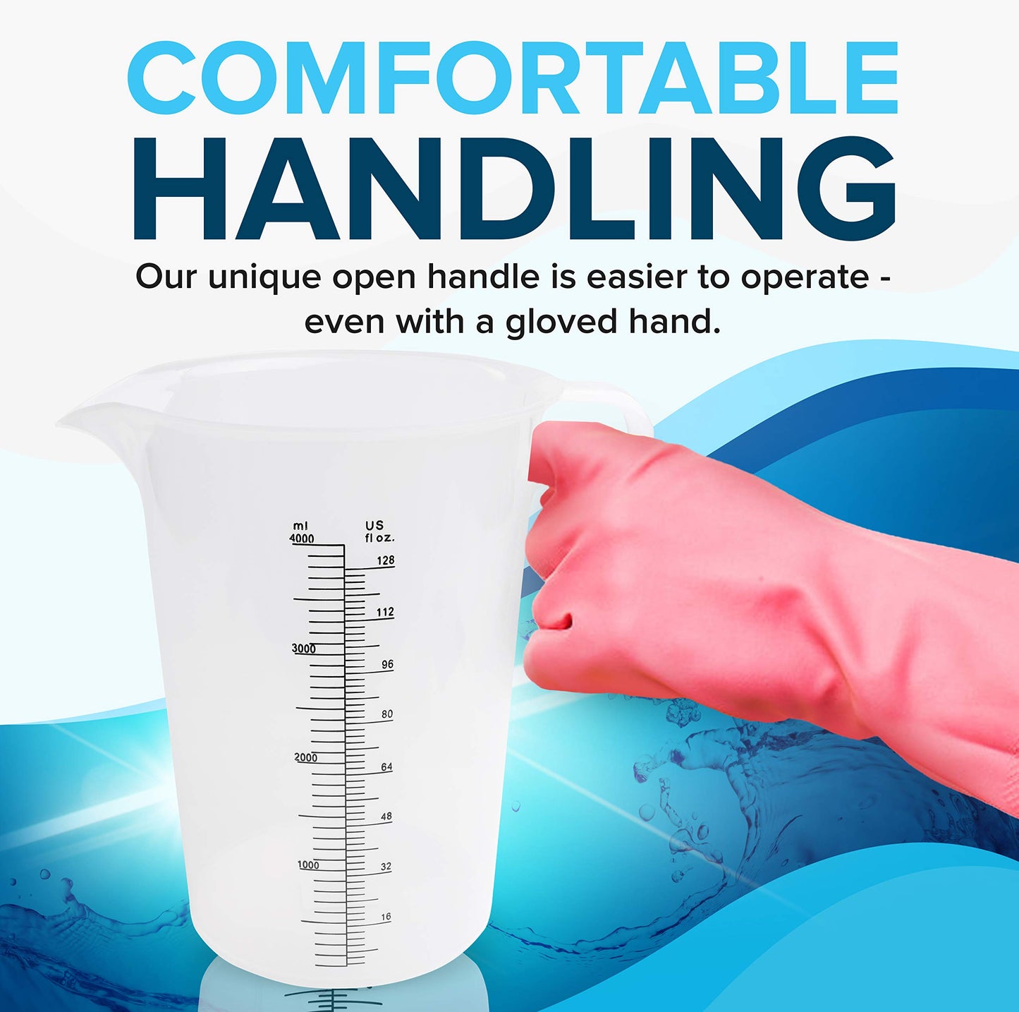 ACCUPOUR 128oz (1 gallon) Measuring Pitcher, Plastic, Multipurpose - Great for Oil, Chemicals, Pool and Lawn - Ounce (oz) and Milliliter (mL) Increments (4000 mL)