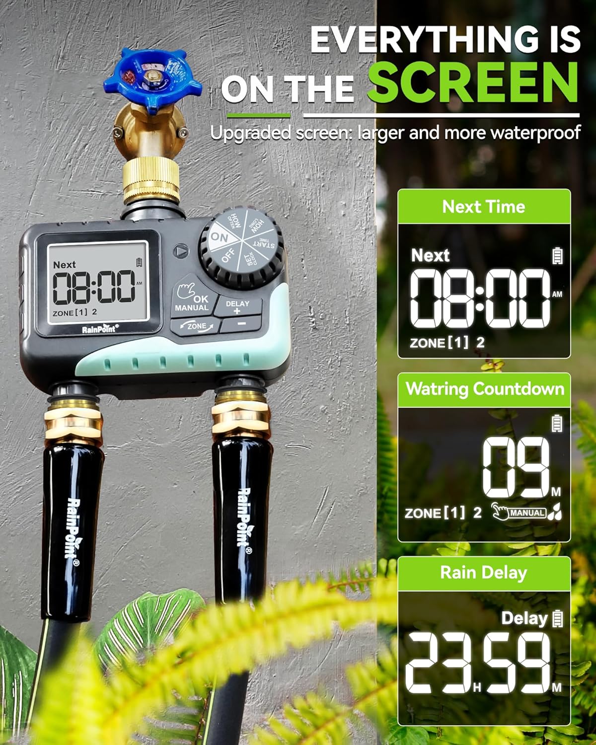 RAINPOINT 2-Zone Sprinkler Timer - Brass Inlet/Outlet for Automatic Irrigation System | Garden Hose Water Timer (Blue)