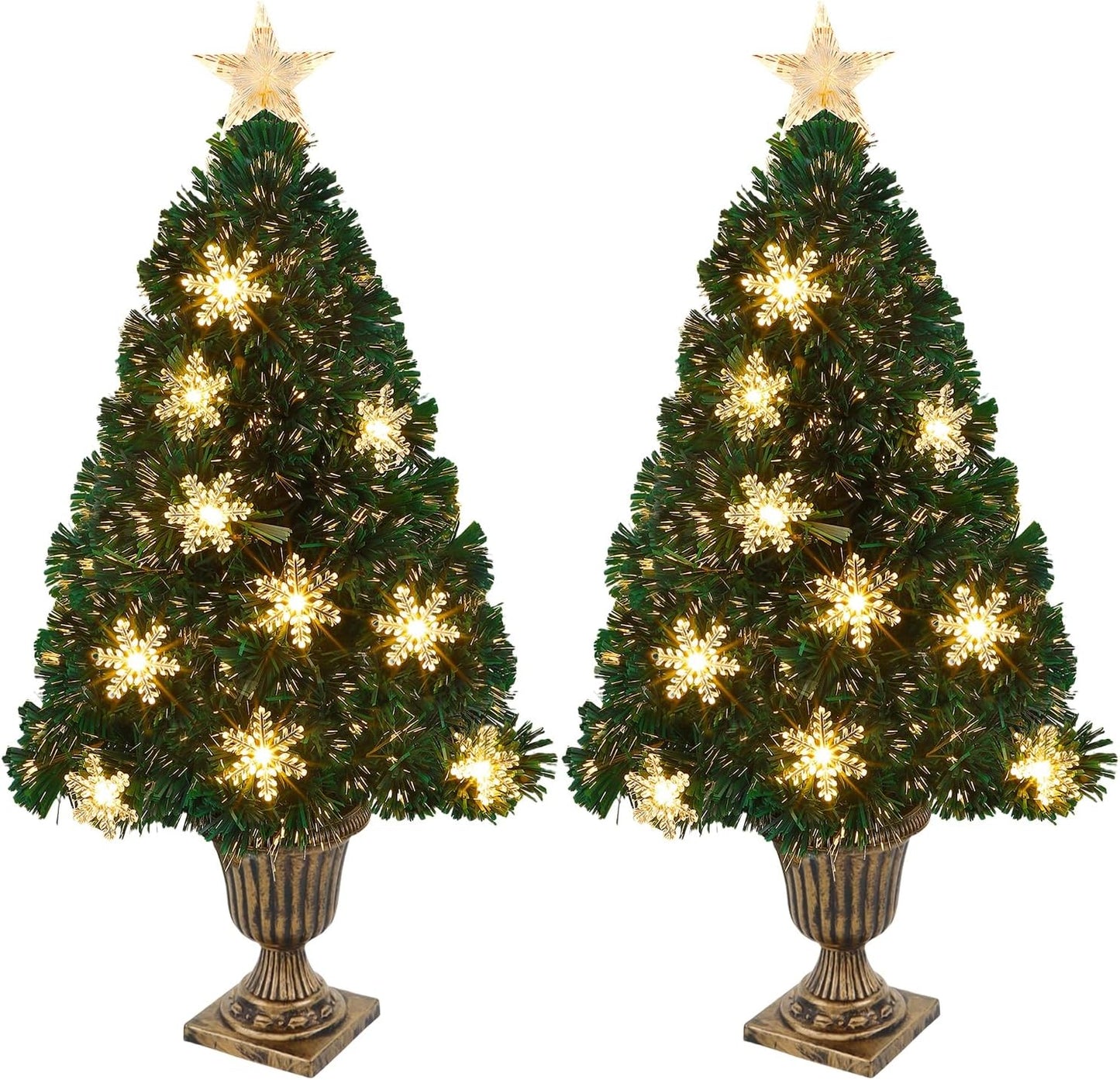 Juegoal Pre-Lit Artificial Christmas Trees - 3 FT Lighted Green Fiber Optic Entrance Trees with Gold Urn Base | 8 Lighting Modes & 110 Branch Tips for Festive Holiday Decor