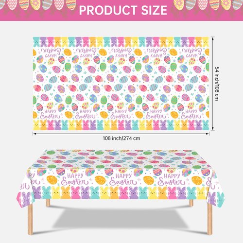 2 Pcs Happy Easter Table Cloth - Plastic Bunny Eggs Tablecloth, Disposable Rectangle Spring Floral Table Cover for Easter Home Dining Kitchen Activity Party Decorations Tables Decor, 108 x 54 Inch