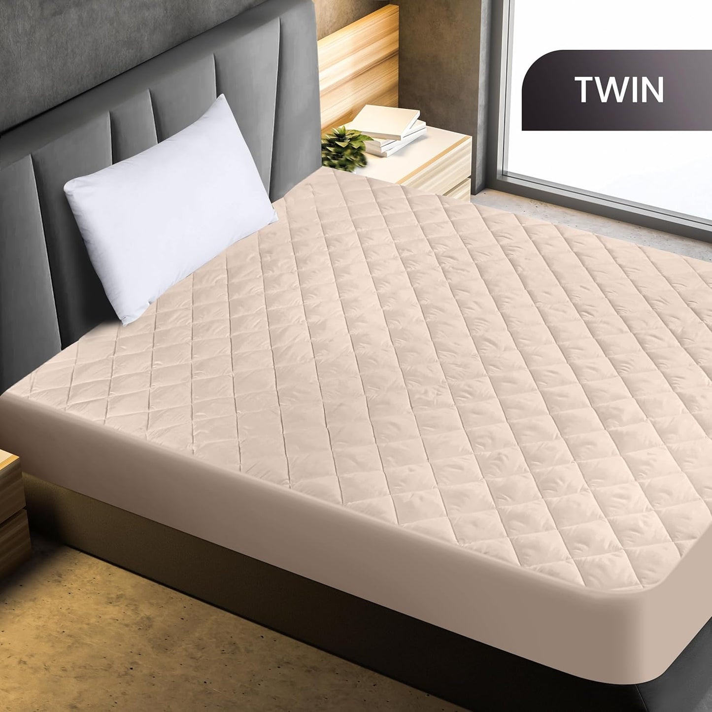Utopia Bedding Quilted Fitted Mattress Pad - Twin Size Deep Pocket Protector | Machine Washable Beige