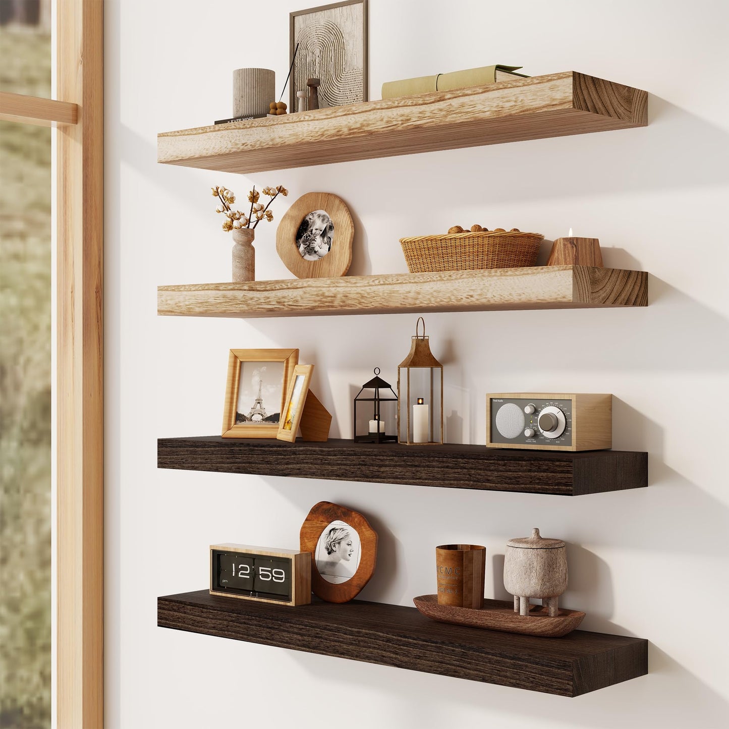 Solid Wood Floating Shelves for Wall 36"W x 8"D x 1.56"H Set of 2, Deep Wall Shelves for Living Room Bedroom Bathroom Kitchen Decor Storage with Invisible Heavy-Duty Metal Bracket, Carbonized Black