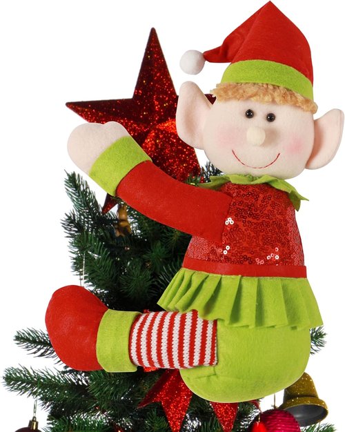 Elf | Tree Topper Christmas Decorations - Unique Plush Elf Hugger Decor for Trees & Wine Bottles - Red & Green