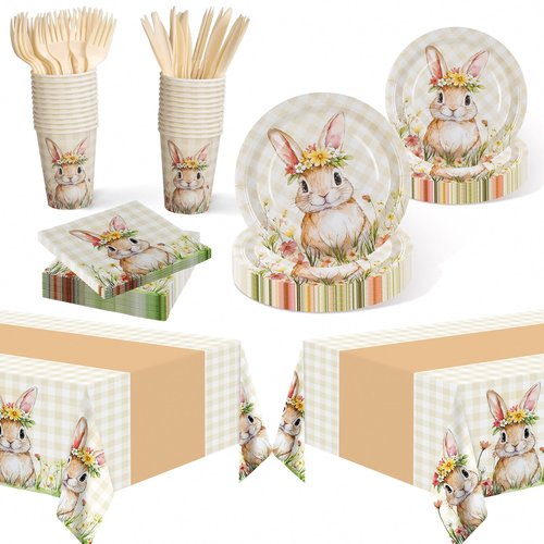 Childom Easter Party Supplies Decorations,147 Pcs Easter Decorations Disposable Tableware Set,Bunny Themed Dinnerware with Plastic Tablecloth Knives Fork,Paper Plates Napkin Cups for Birthday,Parties