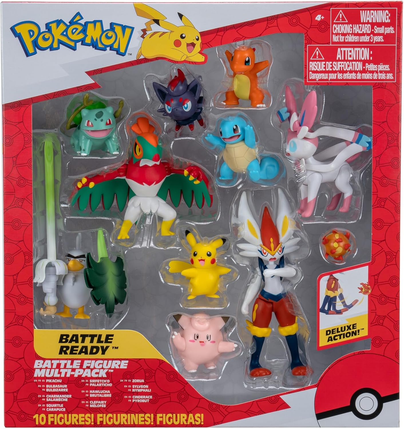 Pokemon Battle Figures 10-Pack - Includes 4.5-Inch Cinderace, Pikachu & More | Perfect for Collectors
