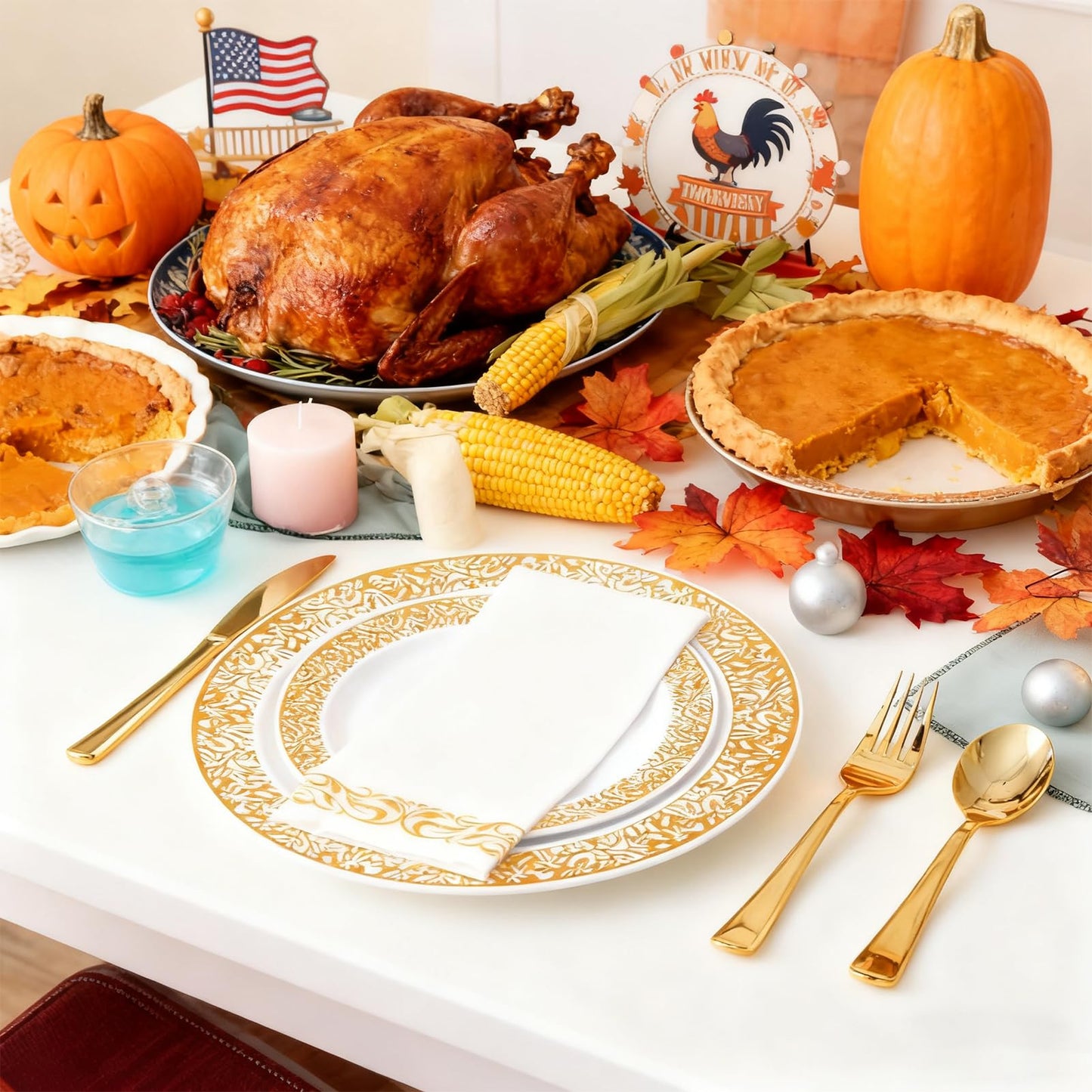 150 Count Gold Plastic Dinnerware Set, Elegant Disposable Include: 25 Gold Lace Plastic Plates, 25 Dessert Plates, 25 Forks, 25 Knives, 25 Spoons, 25 Cup, Ideal for Party, Birthday and Thanksgiving
