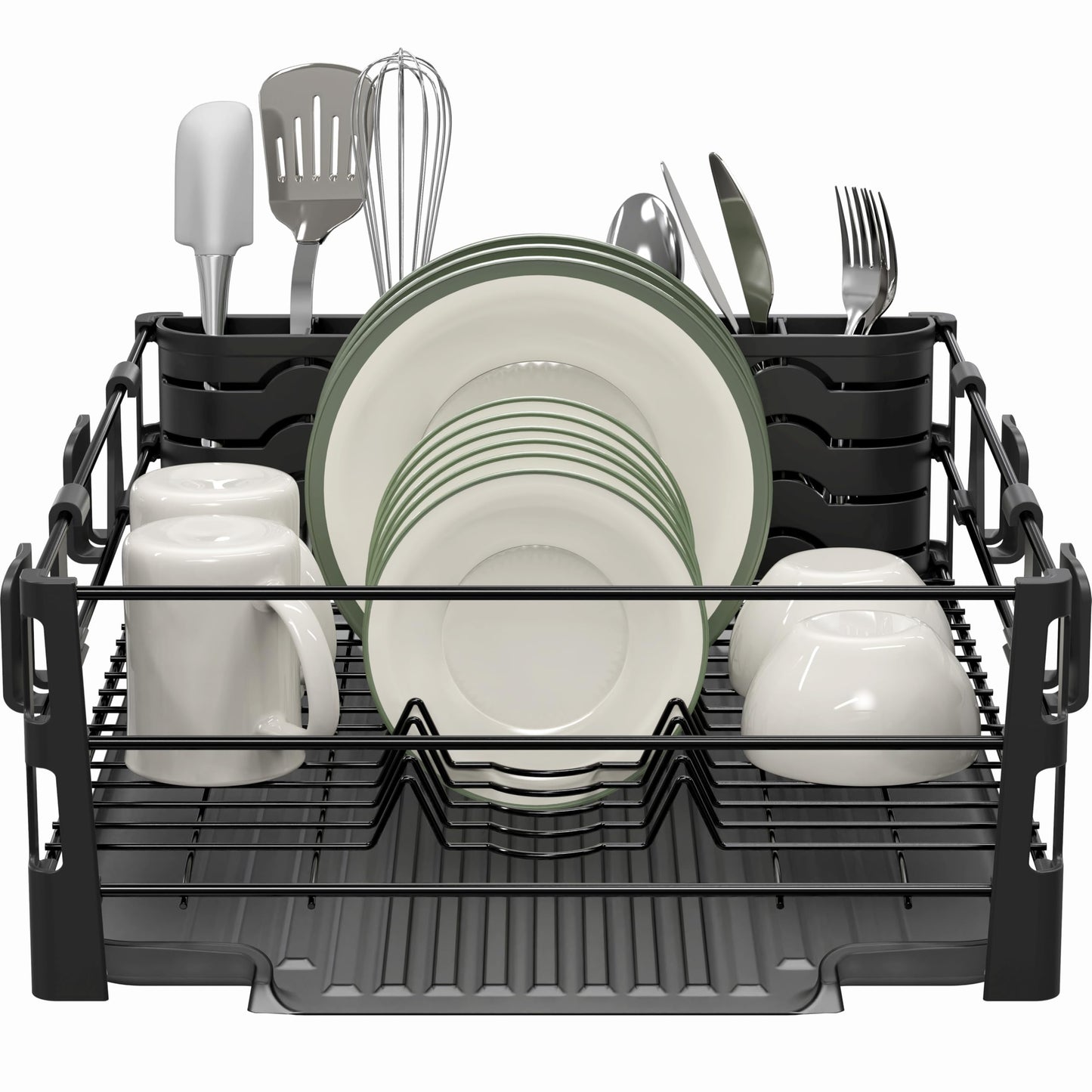 Simple Houseware Dish Drying Rack with Drainboard, Utensil Holder & Mug Hooks, Black Metal Kitchen Counter Organizer