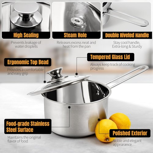 AuFranc® Tri-Ply Stainless Steel Saucepan - 2 Quart Induction Compatible with Glass Lid & Stay Cool Handle
