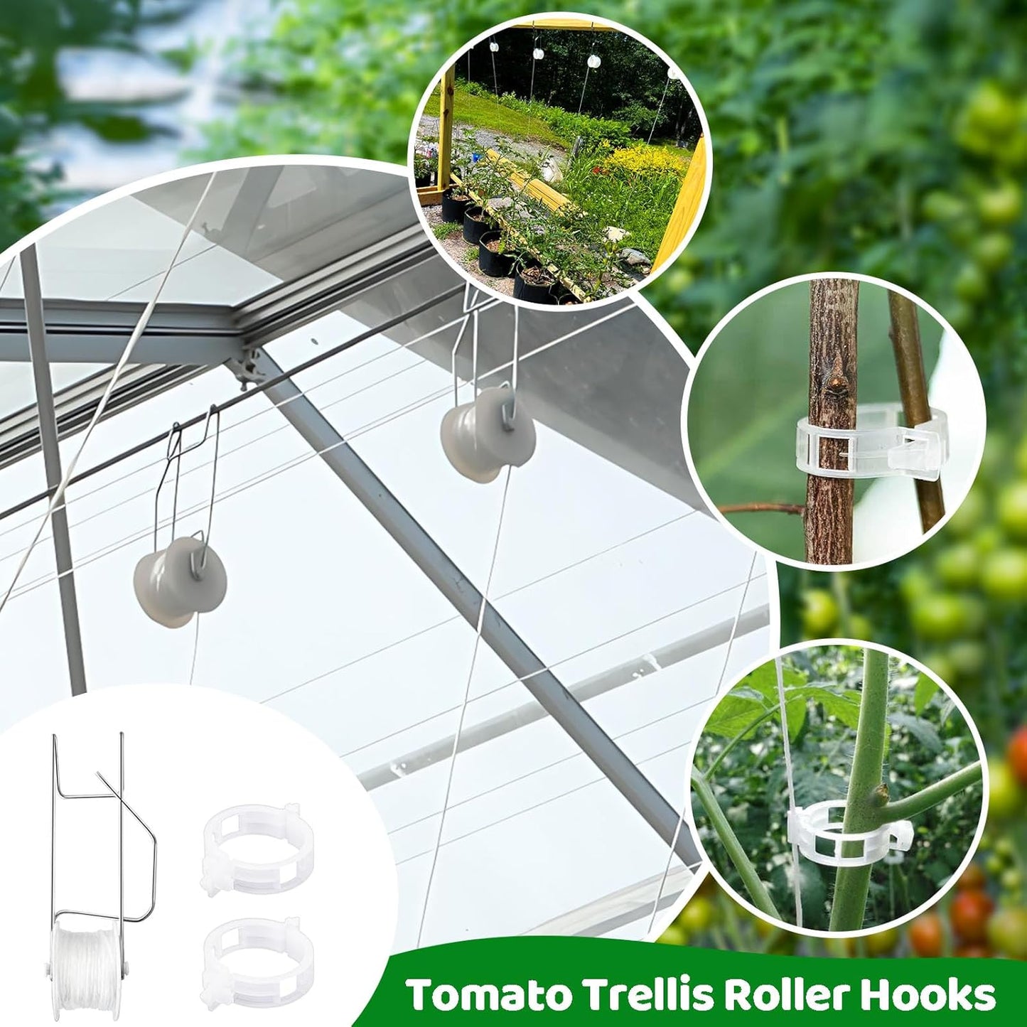 Skiennix Greenhouse Trellising Kit - 10 Tomato Hooks & 100 Support Clips | Durable Metal & Nylon, White
