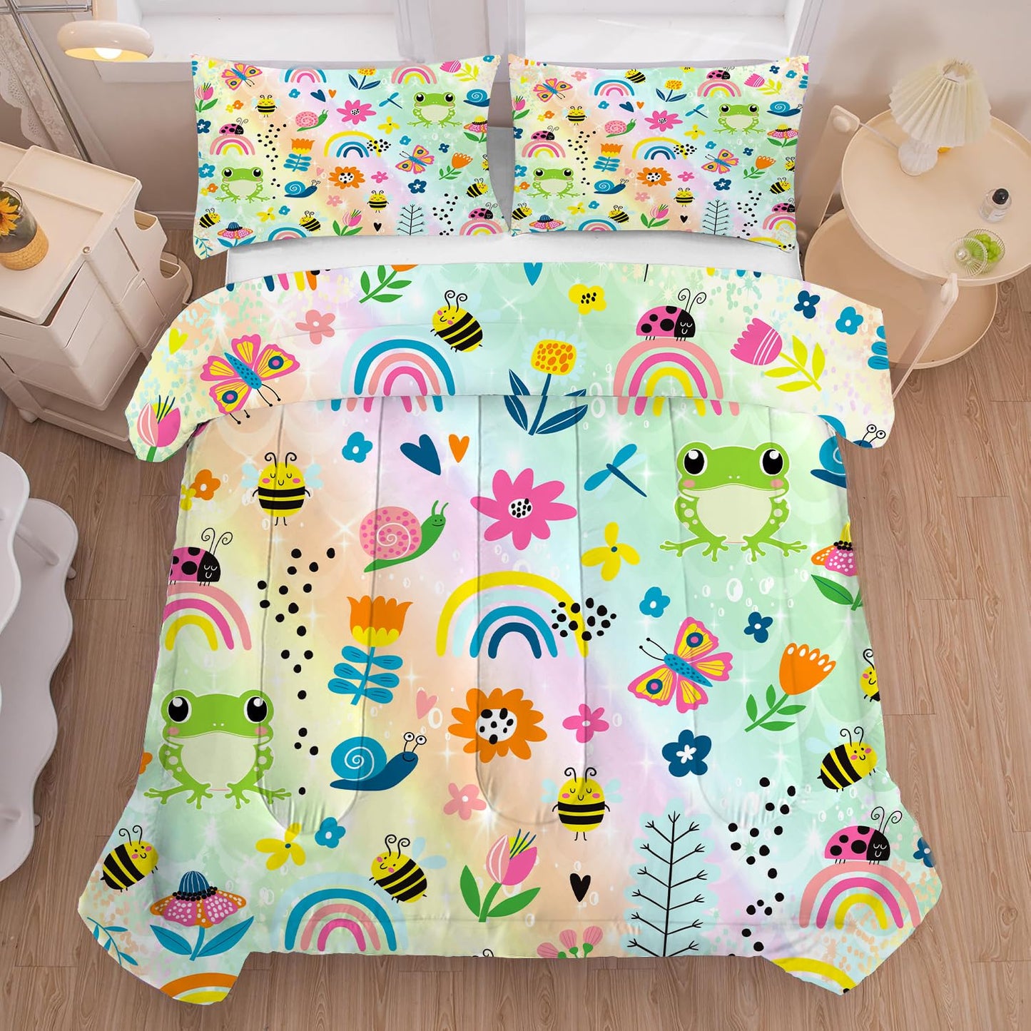 FUYEUN Rainbow Comforter Set Queen Size Cartoon Frogs Bedding Sets for Girls Kids Women Boys Flowers Butterfly Bees Snails Insects Cute Kawaii Quilt 1 Comforter + 2 Pillow Cases