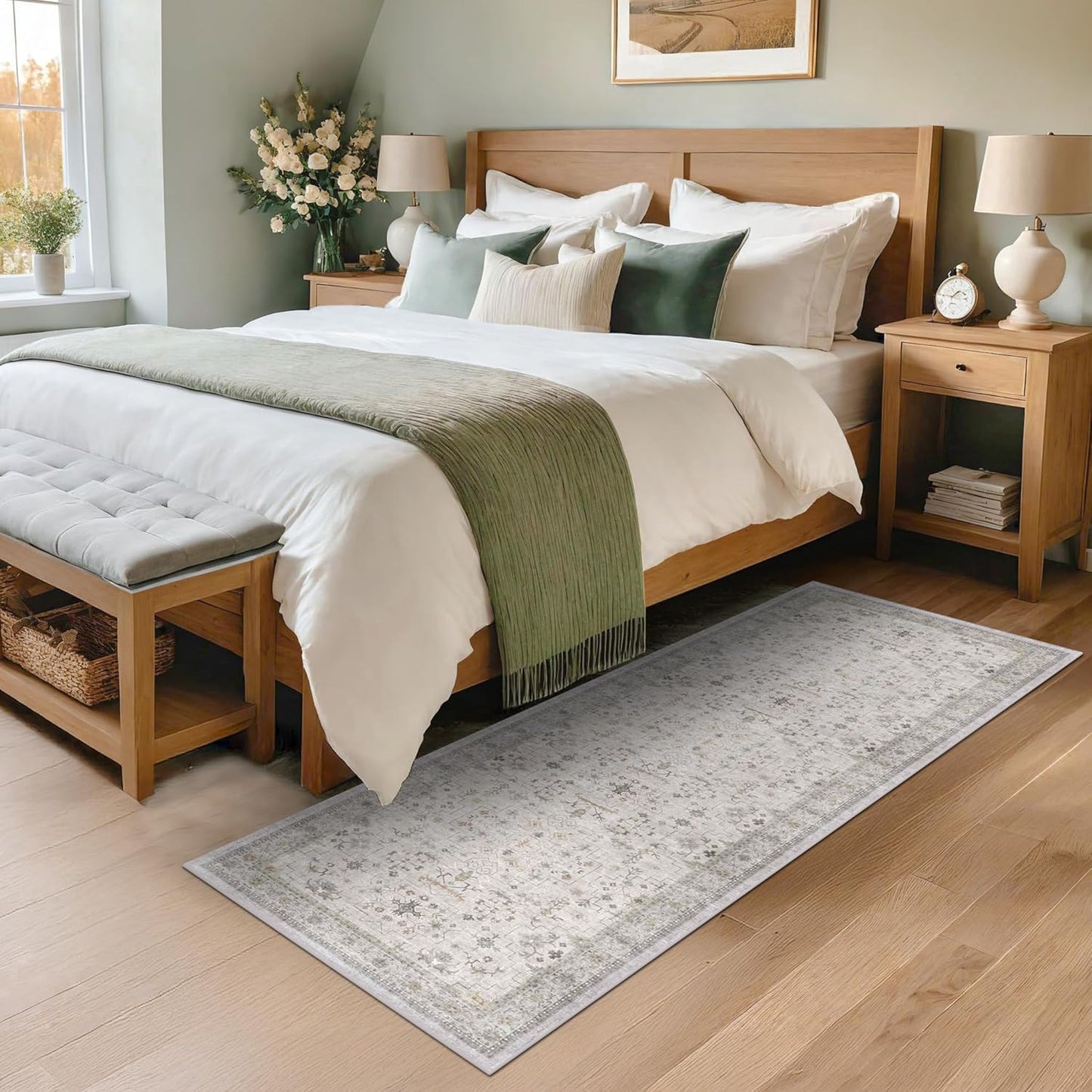 Light Grey Boho Bathroom Runner Rug - Washable Low Pile Non-Slip 2x5 Floral Design for Indoor Use