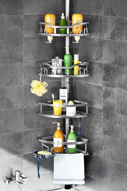 HAMITOR Corner Shower Caddy - Rustproof 4-Tier Bathroom Organizer for Shampoo & Soap - Adjustable 47-121 Inch Silver Gray