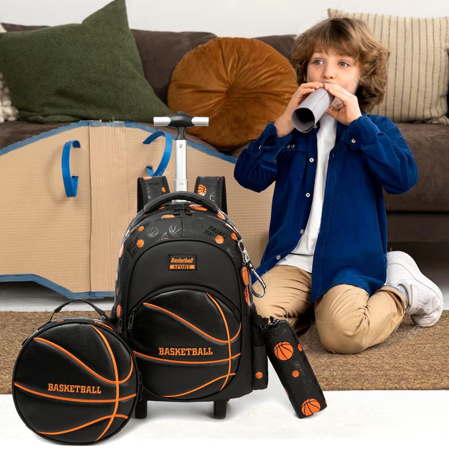 MYHSBYO Dinosaur Rolling Backpack Boys Kids Wheeled Backpack Carry On Luggage Bookbag with Roller Set for Elementary School