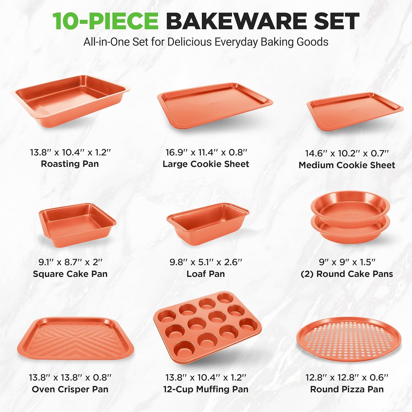 NutriChef 10-Piece Baking Pans Set | Deluxe Non-Stick Carbon Steel Bakeware, Dishwasher Safe, Gray Finish