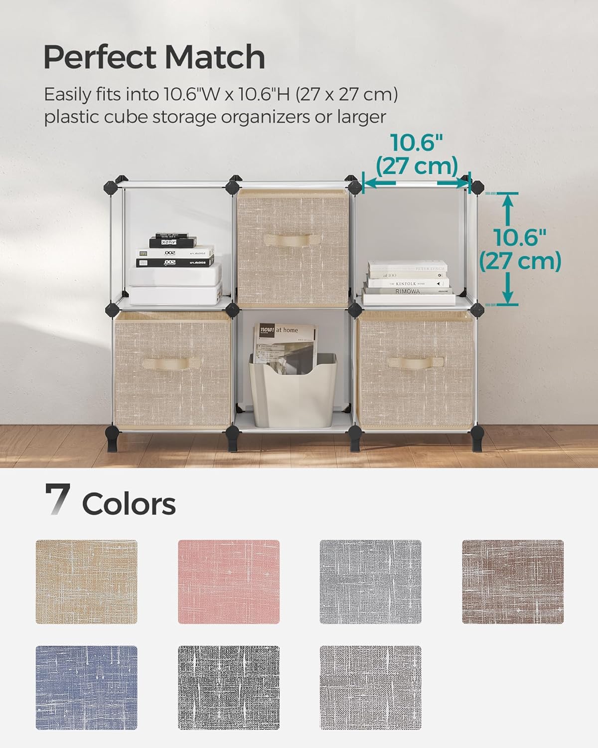 SONGMICS Storage Cubes - 11-Inch Non-Woven Fabric Bins with Double Handles | Set of 6, Sand Beige Closet Organizers