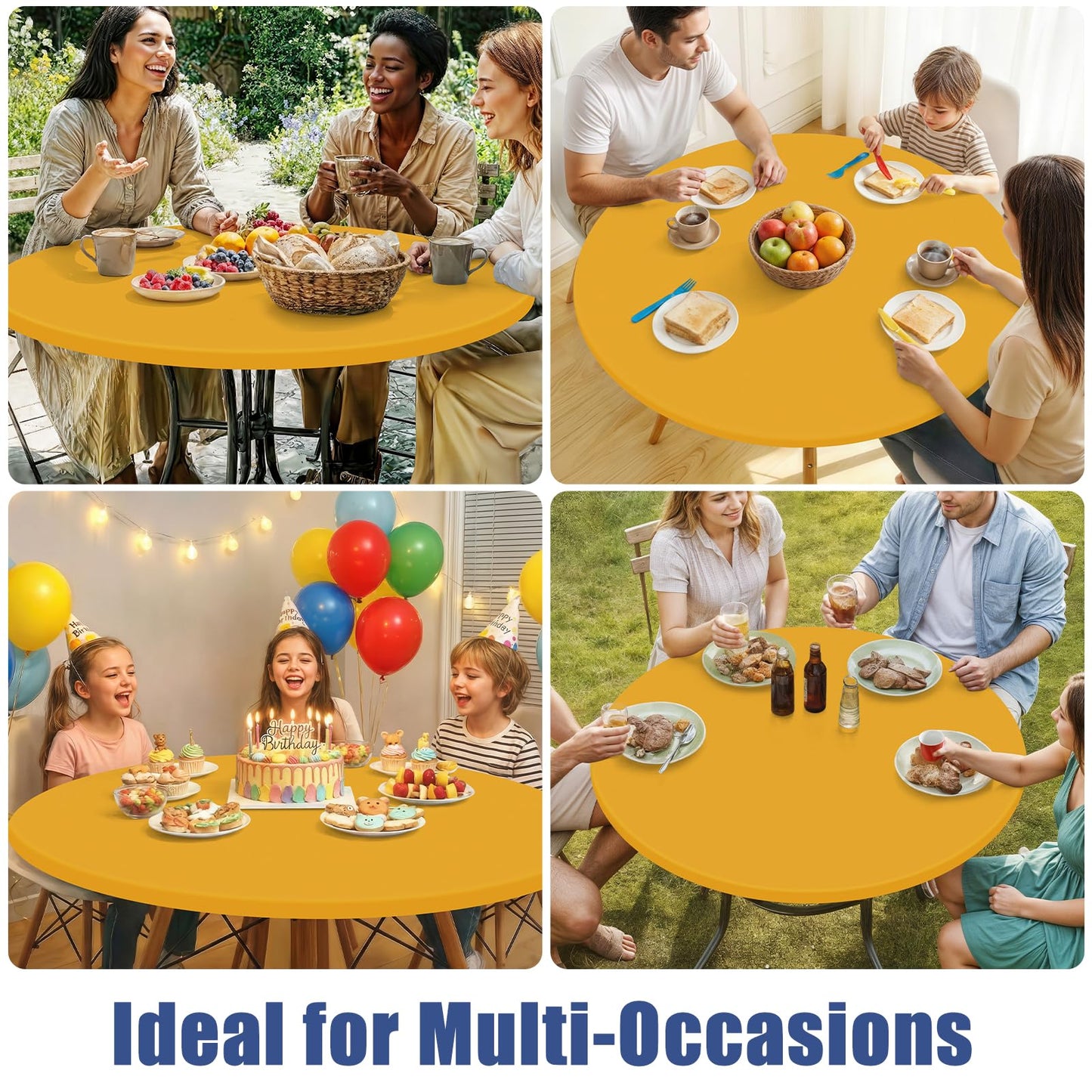 Moosfor Round Spandex Tablecloth, Elastic Fitted Waterproof Tablecloths for 57"-68" Tables, Stretch Washable Picnic Table Cover for Camping, Dining, Indoor and Outdoor, Mustard Yellow