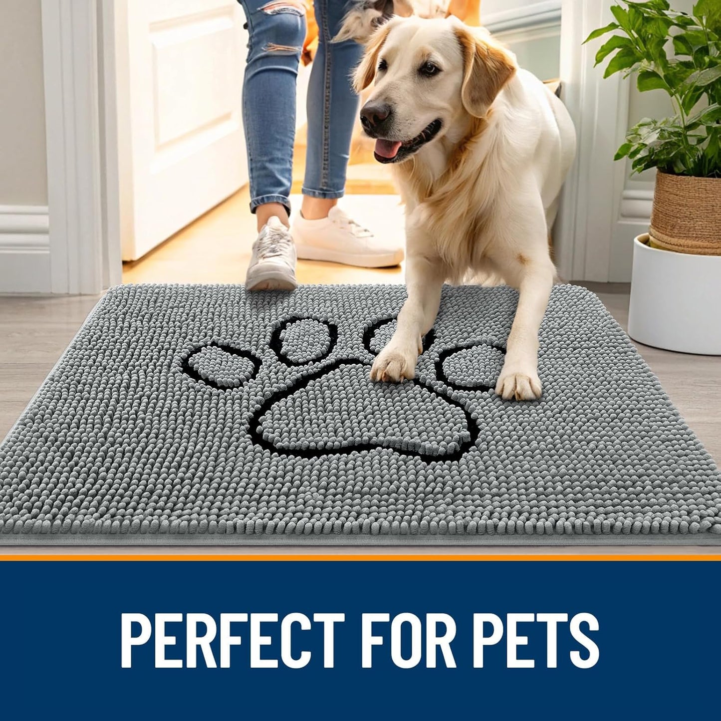 OLANLY Dog Door Mat - Absorbent Non-Slip Mud Mat for Paws | 47x24 Grey Chenille Design