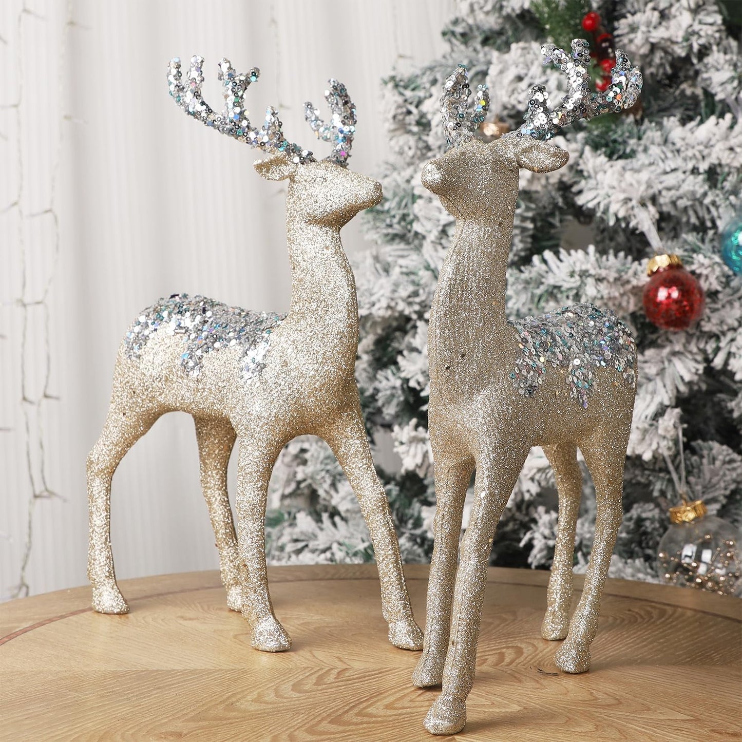 Juegoal Glitter Reindeer Figurines - Set of 2 Christmas Tabletop Decorations | 12.6" Plastic Elk Ornaments