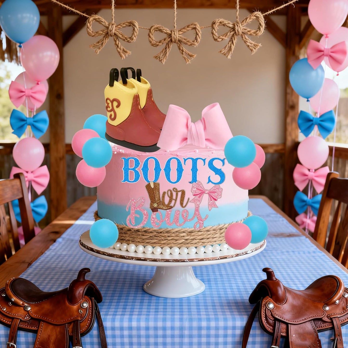 Regine Switzerland Gender Reveal Cake Decorations - Acrylic Boots & Bows Toppers Set for Baby Shower