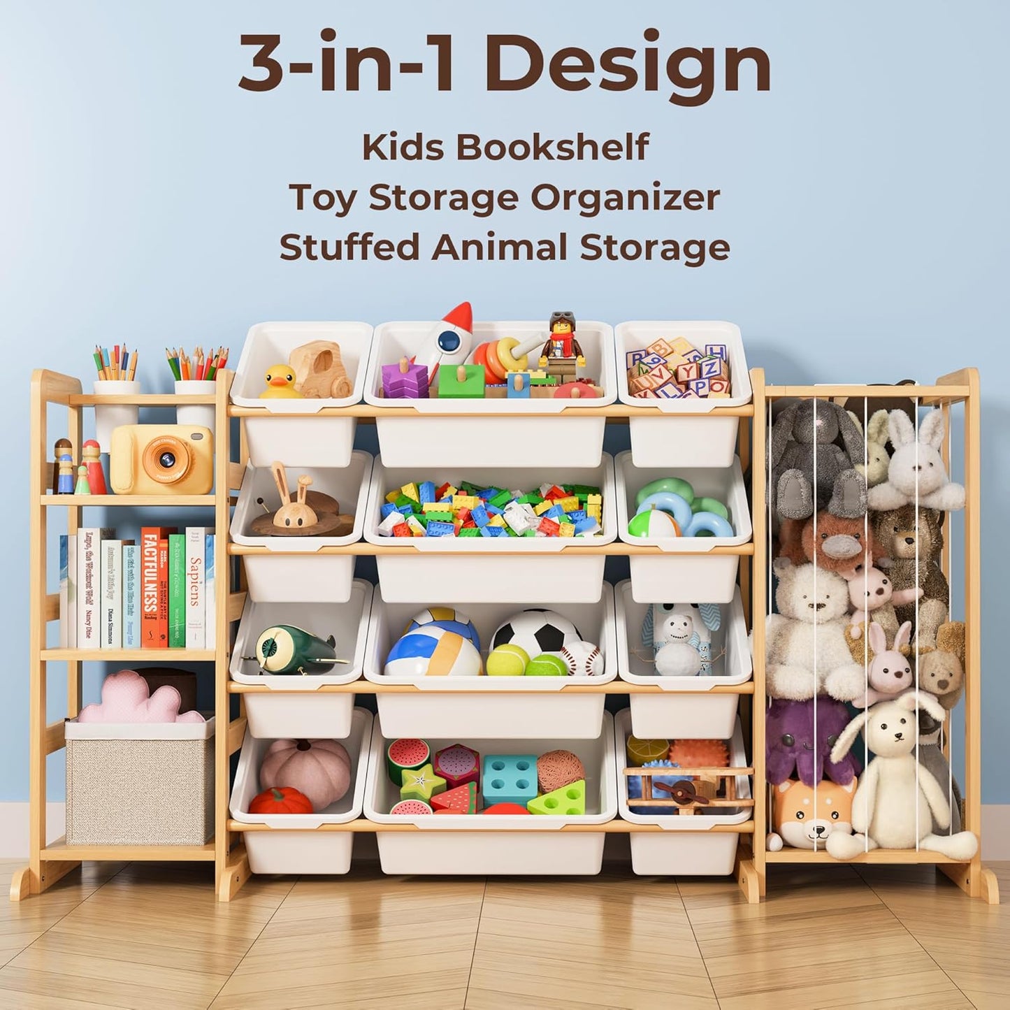 Toy Storage Organizer by [Brand Name] - Kids Playroom Bookshelf with 12 Bins & Stuffed Animal Storage | Ideal for Nursery & Toddler Rooms
