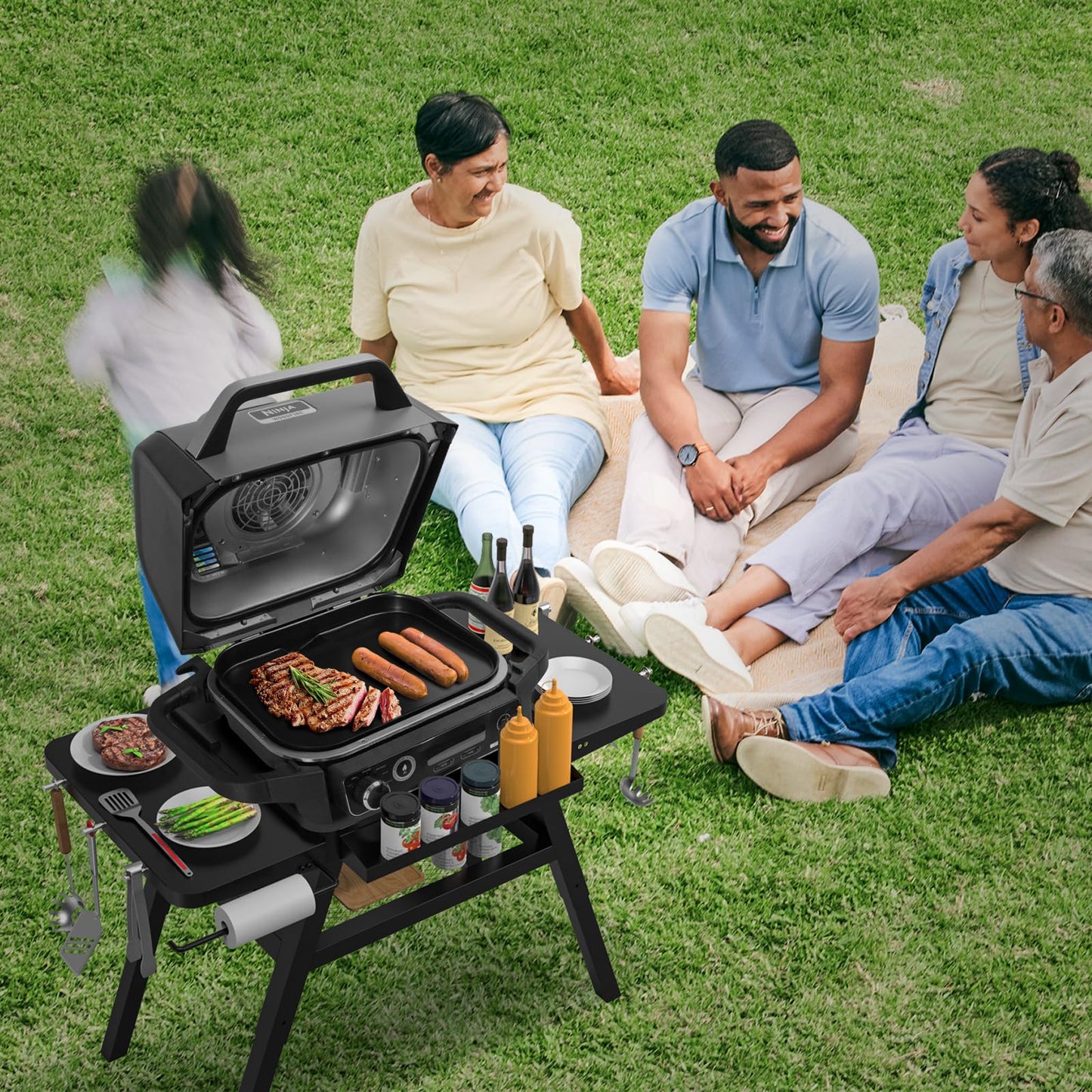 BBQ-PLUS Grill Stand for Ninja Woodfire Outdoor Grill, Portable Adjustable Table Cart for Ninja OG700 OG800 OG900 Series Smoker Blackstone 17" Griddle,with Side Shelf