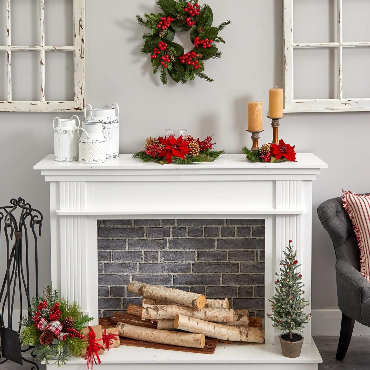 Nearly Natural Poinsettia Candelabrum - Red Artificial Silk Arrangement with Berries & Pine Cones | 6"D x 14"W x 14"H