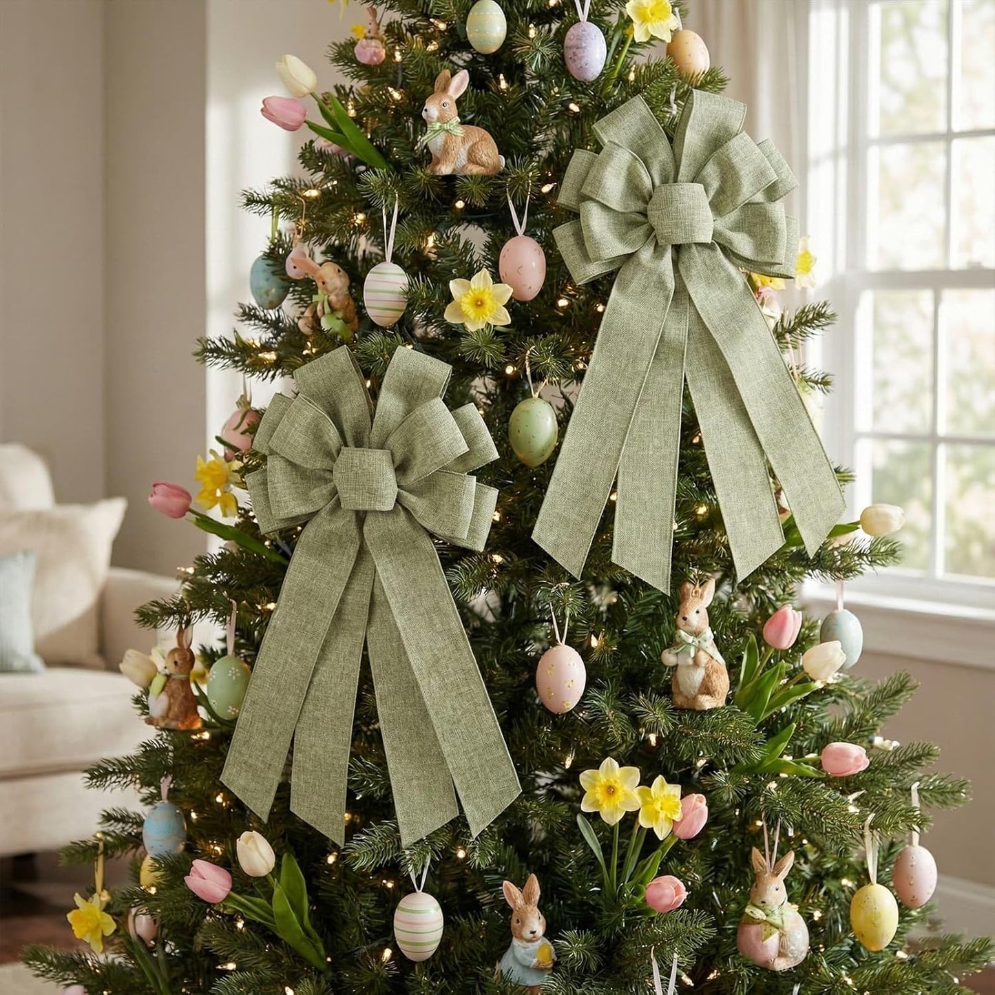 Skiennix Mint Green Large Bow - 11x21 Inch Linen Texture Wired Ribbon for Wreaths & Decor