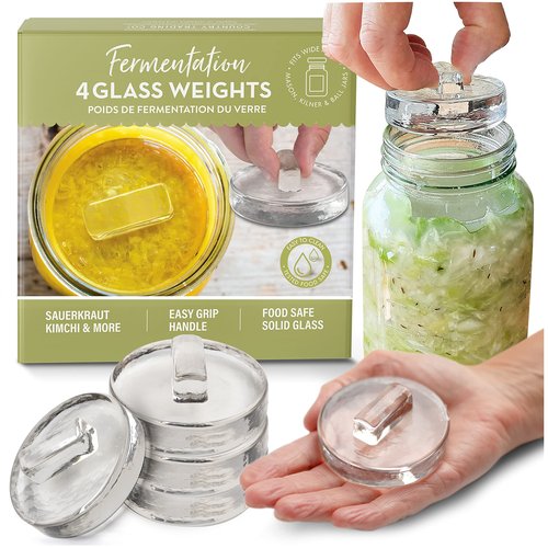 Glass Fermentation Weights for Wide Mouth Mason Jars — Set of 4, Easy Lift Handles — for Sauerkraut, Kimchi, Pickles & Kombucha