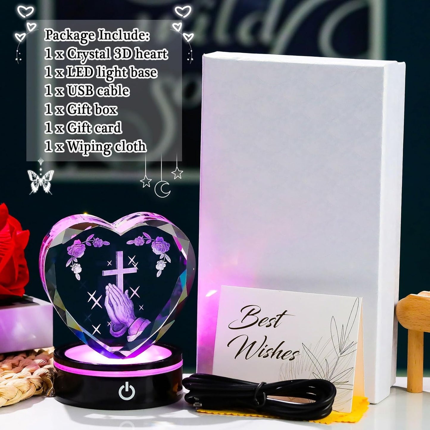 Ornalrist Crystal Heart 3D Praying Hands | Colorful LED Base | Religious Gift for Men & Women