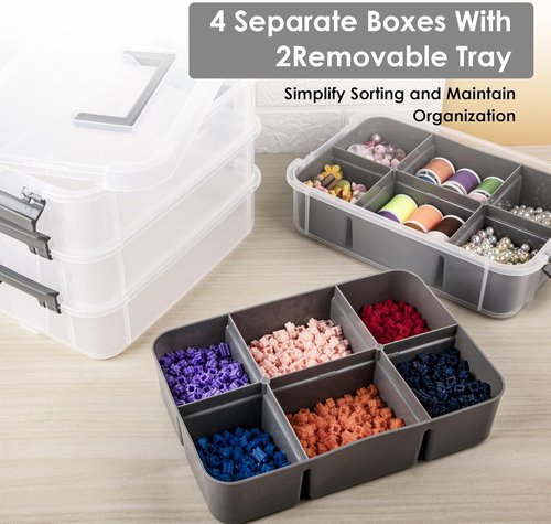 CraftGenes Grey & White Modern Plastic Storage Box - 4-Layer Durable Organizer with 2 Removable Trays for Crafts, Sewing & Office Supplies