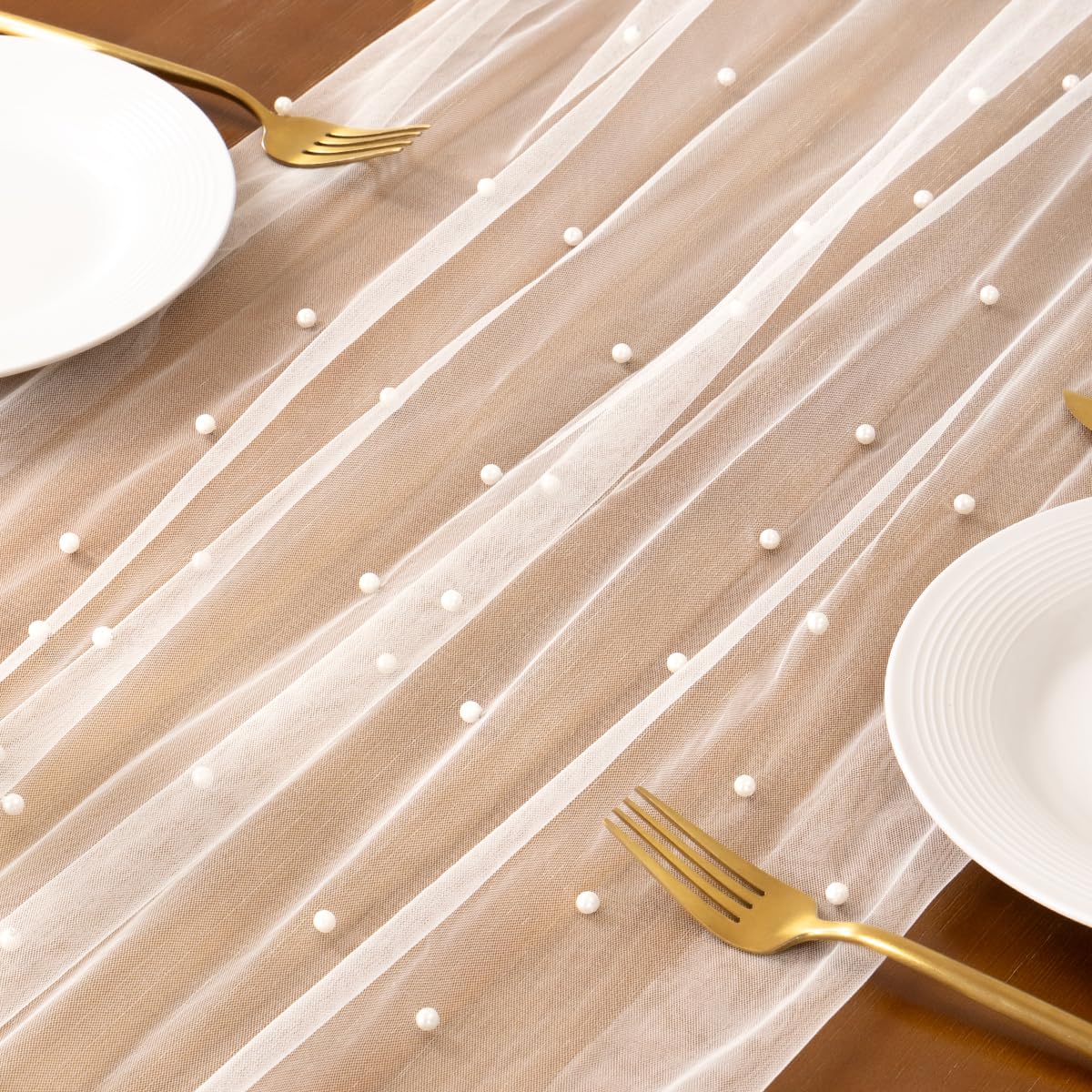 Socomi Pearl Table Runner Tulle Ivory White Spring Easter Cheesecloth 10FT Gauze Dining Wedding Birthday Party Baby Shower Anniversary Holiday Centerpiece Table Decor