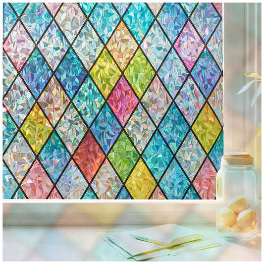 Windimiley Stained Glass Window Privacy Film:3D Rainbow Floral Decorative Frosted Static Cling Bathroom Heat Control Sun Blocking Window Sticker Non Adhesive Door Window Covering(23.6 x78.7in,Lattice)