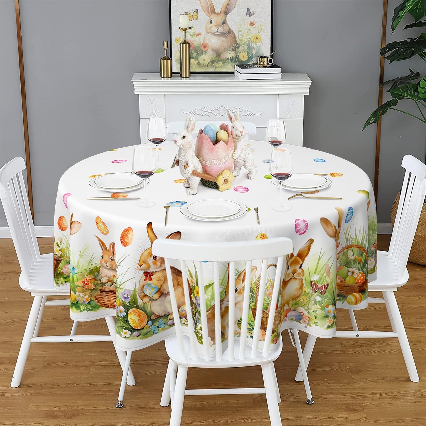 Roszwtit Spring Easter Tablecloth, Easter Eggs Bunny Floral Table Cloth Waterproof, Spring Easter Rabbit Flowers Kitchen Table Decor for Dining Holiday Party 60x60 Inch Round