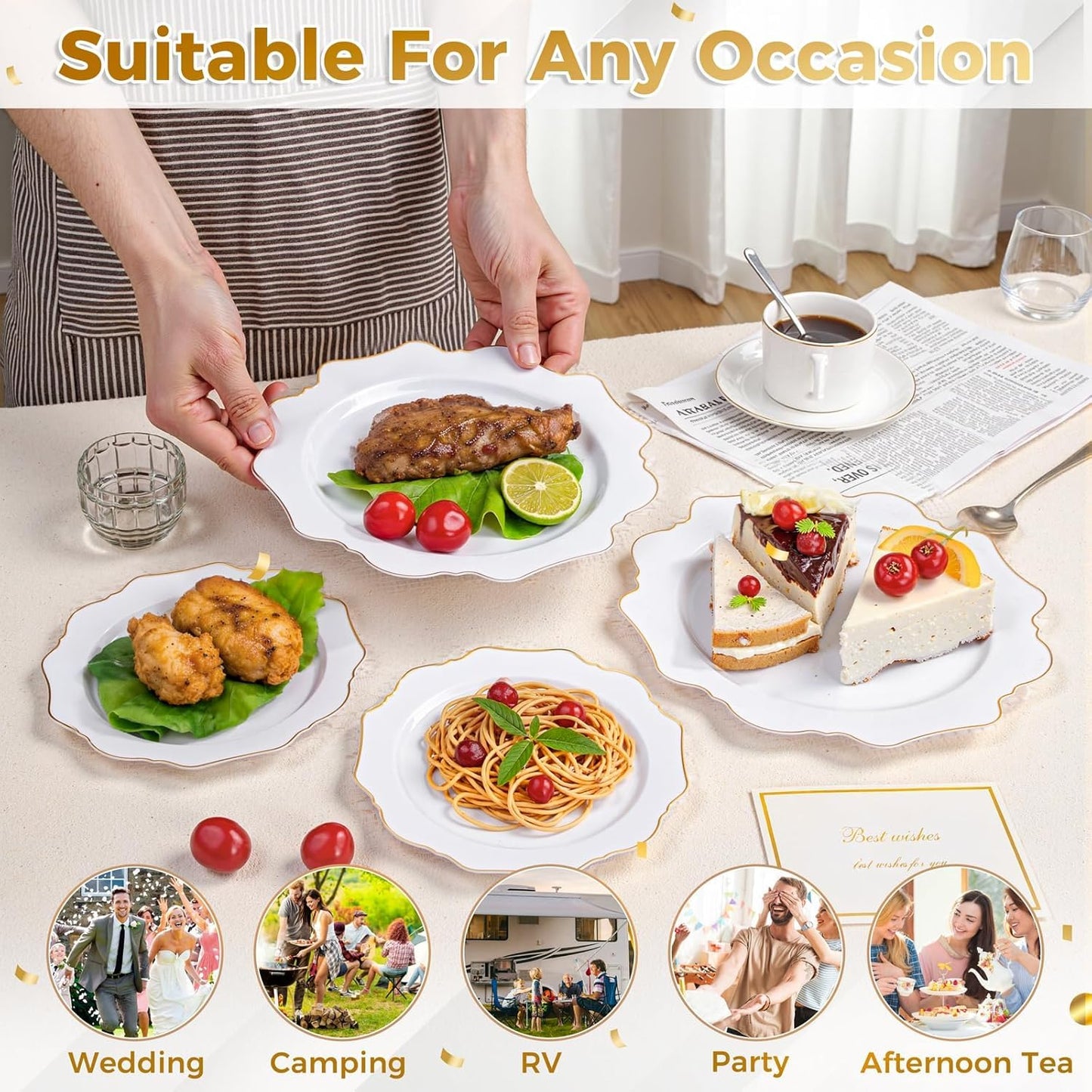 WDF 200PCS White and Gold Plastic Plates - Gold Plastic Plates - Include 100 Dinner & 100 Dessert Disposable Party Plate - Fancy Disposable Plate for Wedding/Baby Shower/Spring