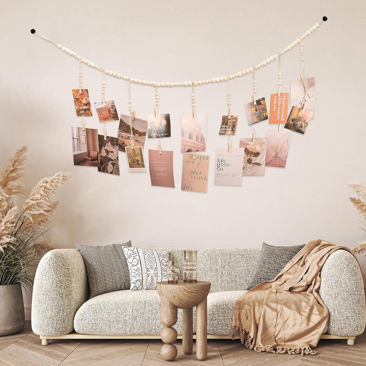 Skiennix Hanging Photo Display - 18 Wooden Clips for Boho Wall Décor | Perfect for Bedroom & Dorm