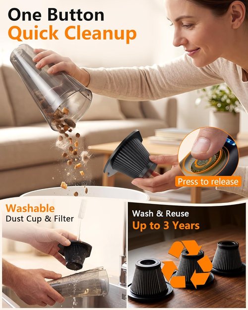 Handheld Vacuum by 15-Min - Cordless 26000Pa Strong Suction | 1000mL Dust Cup, 18-36 Min Runtime