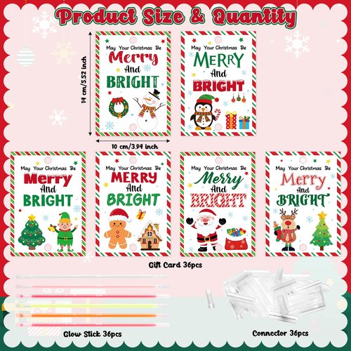 Haooryx Christmas Glow Stick Bracelets Bulk - 36 Pack Merry and Bright Glow Stick Bracelet with Gift Card Light up Toy for Kids Christmas Night School Party Favor Student Reward Game Prize Xmas Supply