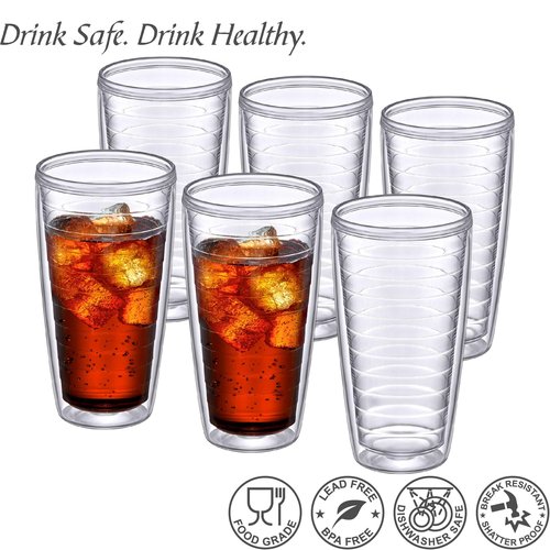 Amazing Abby - Alaska - 24-Ounce Insulated Plastic Tumblers (Set of 6), Double-Wall Plastic Drinking Glasses, All-Clear Reusable Cups, BPA-Free, Shatter-Proof, Dishwasher-Safe