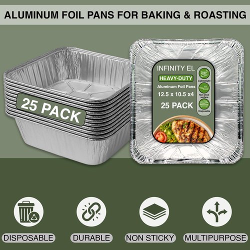 INFINITY EL Disposable Aluminum Foil Pans 25 Pack | Half Pan Extra 12.5" x 10.5" x 4" Deep Disposable Baking Pan | Heavy Duty Aluminum Foil Pan for Roasting Turkey, Lasagna, Thanksgiving, Christmas